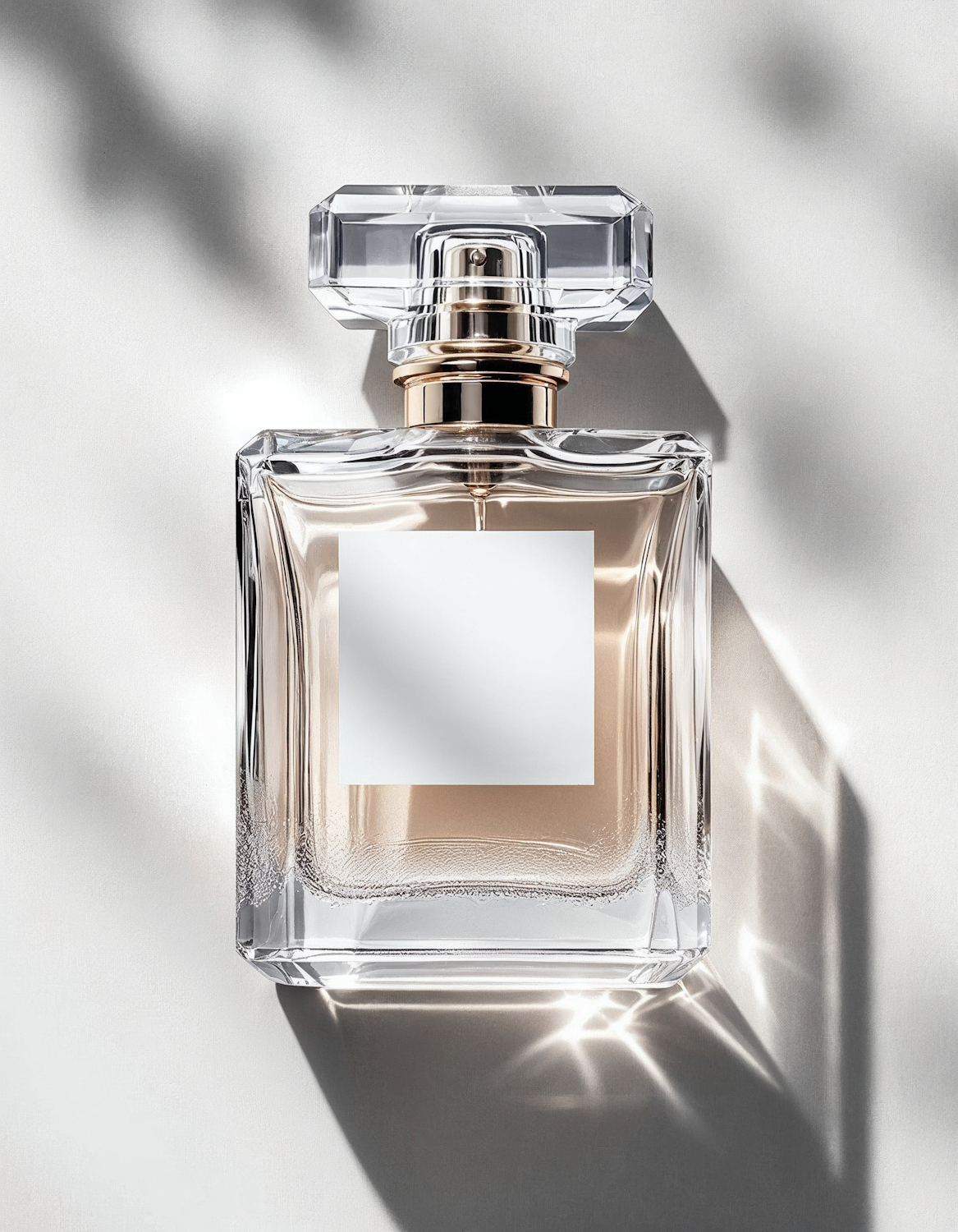 Cut-crystal perfume bottle with a gold collar, lit by window light with long leaf shadows