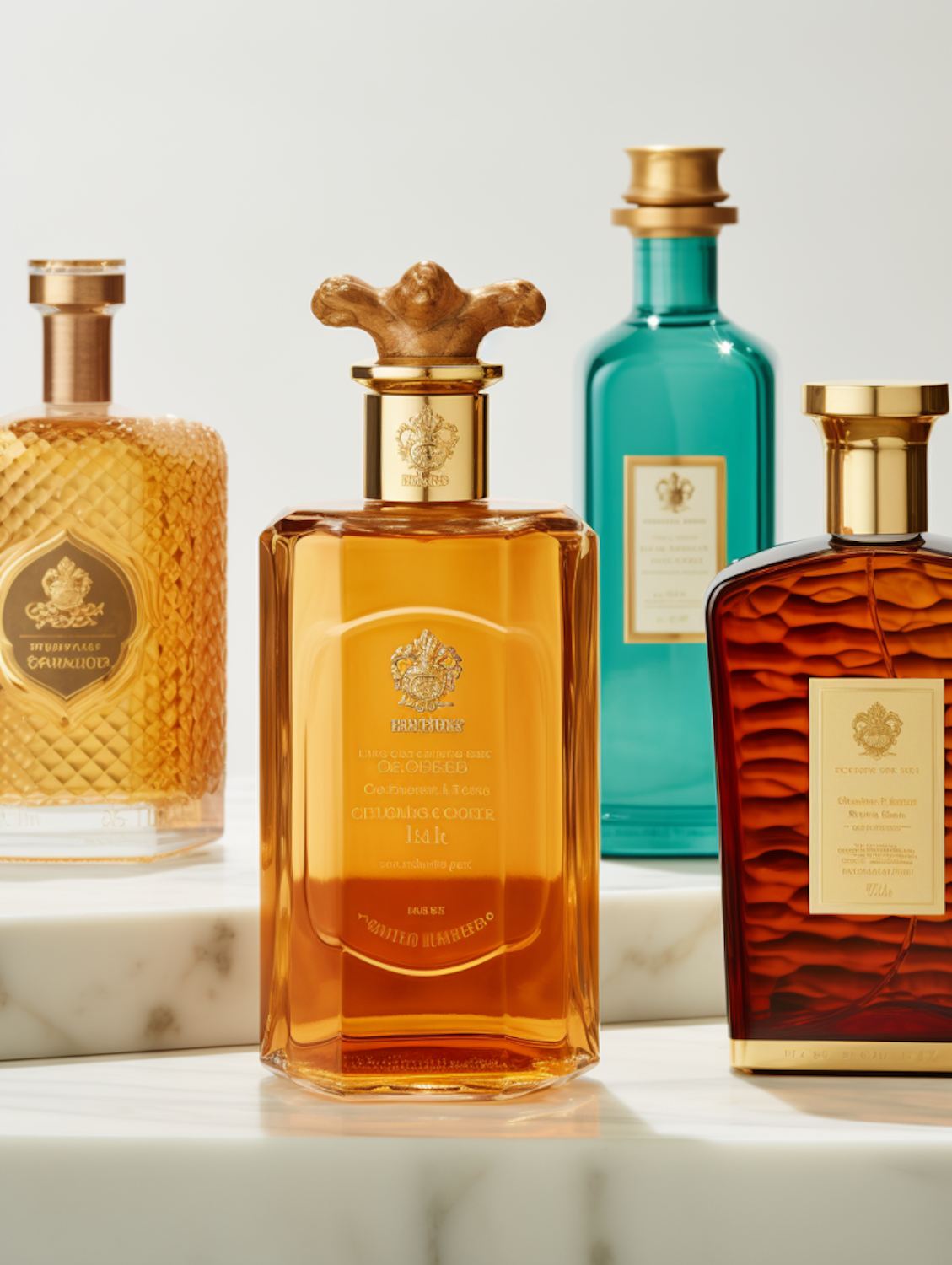Amber and teal perfume bottles with gold caps on a marble ledge